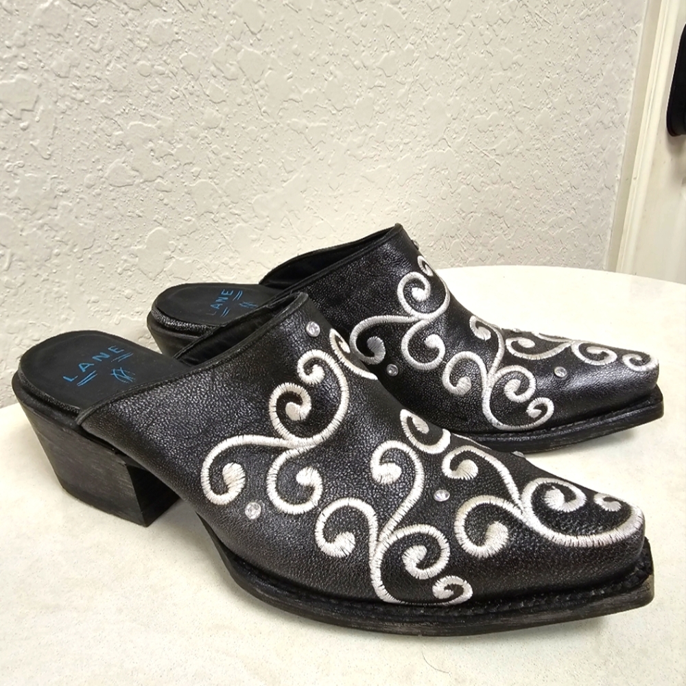 Women's Black and White Embroidered Mules